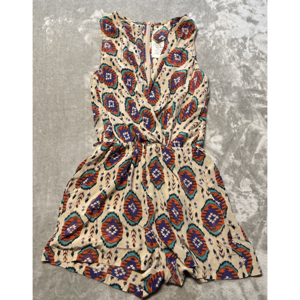 Rory Beca Romper Aztec Ikat Boho Festival Multicolor Boho V Neck 100% Silk Sz S - Picture 3 of 7
